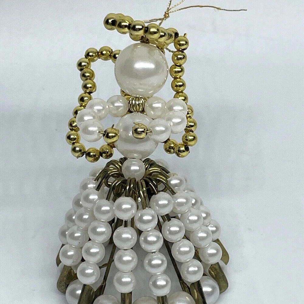 Beaded Safety Pin Angel Christmas Ornament Pearl Gold Beads Vintage‎ Handmade